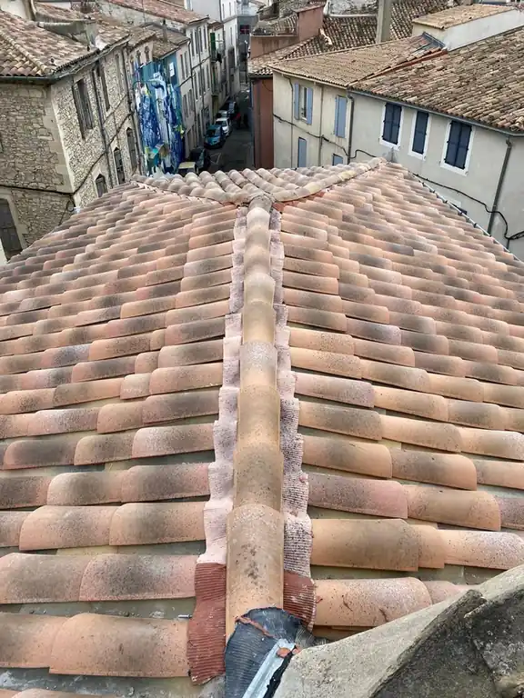 Faîtage repris sur une toiture patinée, rue de village